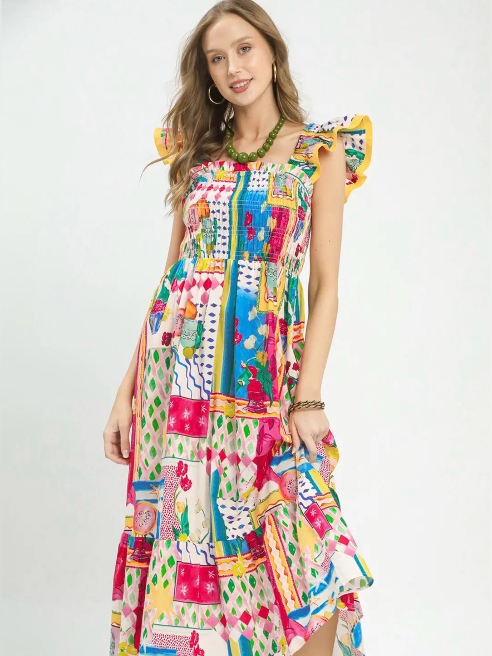 Umgee Abstract Print Smocked Ruffle Sleeve Tiered Midi Dress